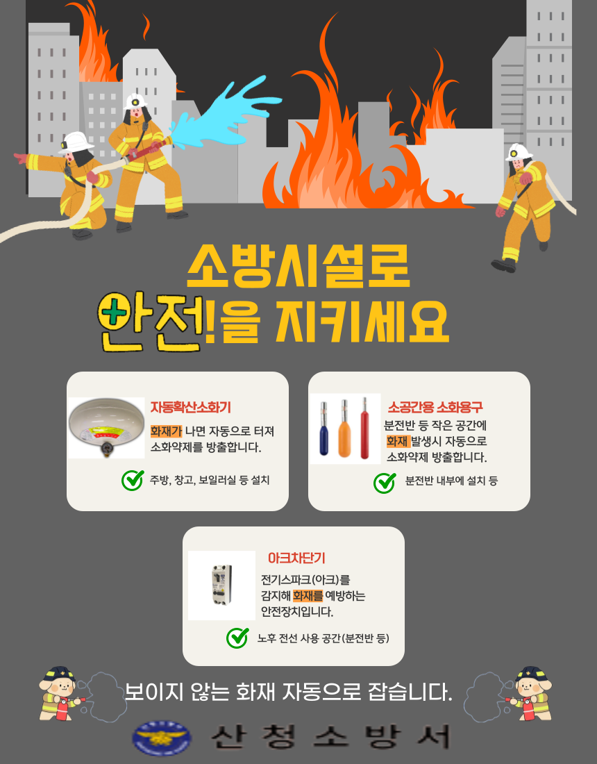 자동확산소화기, 소공간용 소화용구, 아크차단기 등 설치 홍보